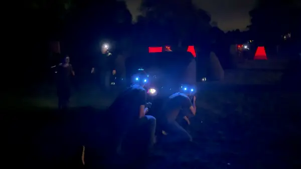 Glowing LED headbands light up a 14 year old's backyard birthday during a Laser Tag Anywhere nighttime event